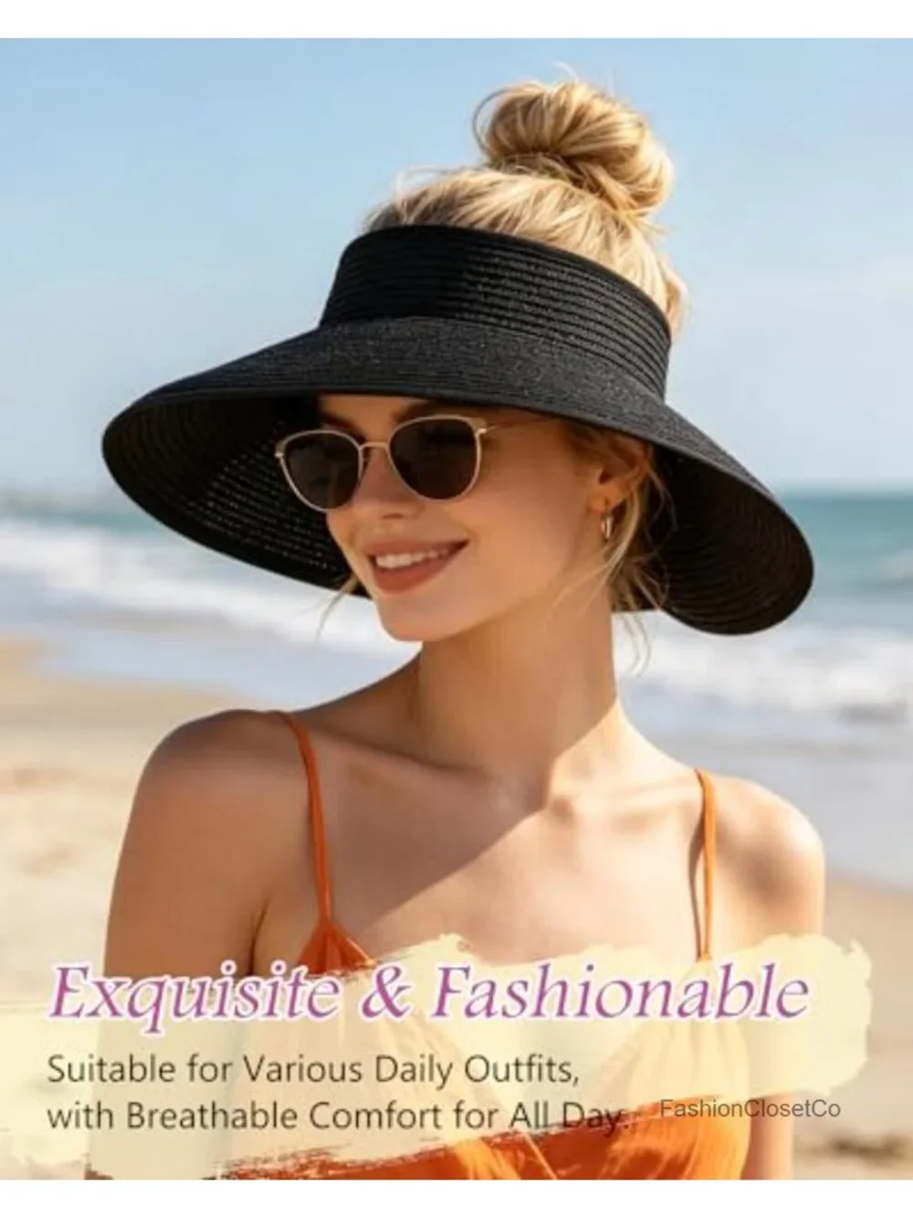 Wide Brim Sun Visor with UV Protection, Adjustable Velcro, Foldable Straw
